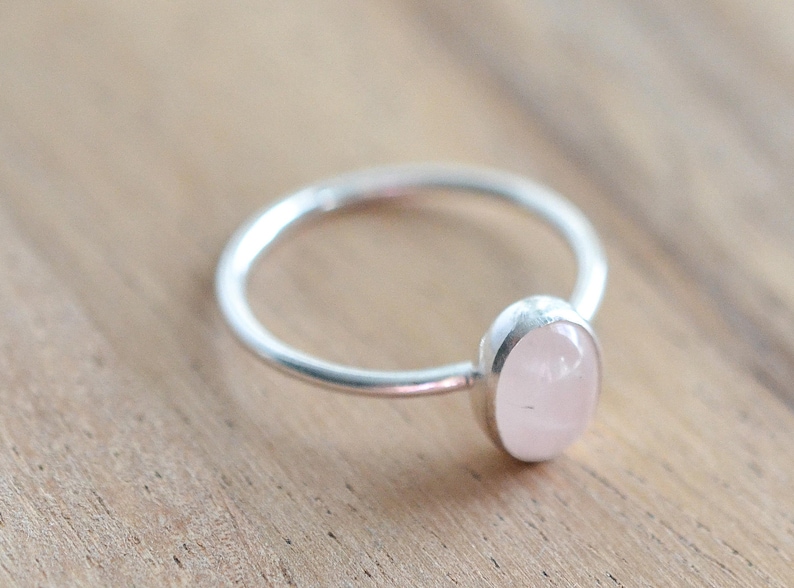 Sterling Silver Rose Quartz Ring // Silver Oval Rose Quartz Stacking Ring // Sterling Silver Ring // 8x6mm Pink Stone Ring // Gift for Her image 3