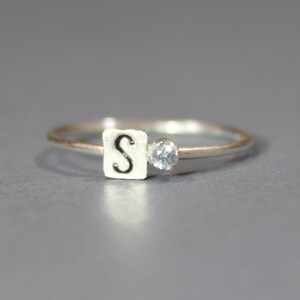 Sterling Silver Initial Ring: Aquamarine March Birthstone Stacking Ring