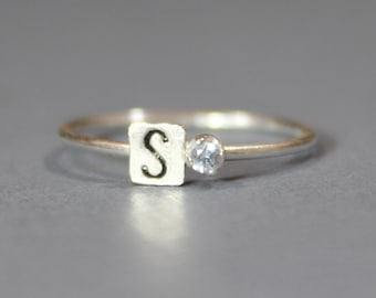 Sterling Silver Initial Ring: Aquamarine March Birthstone Stacking Ring