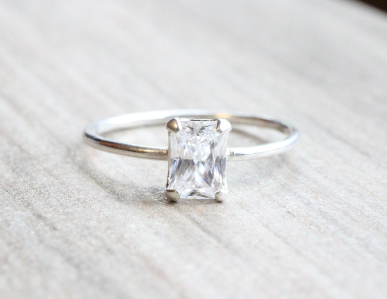 Sterling Silver Emerald Cut Cubic Zirconia Birthstone Stacking Ring // 7x5mm Emerald Cut Ring // April Birthstone Ring // Simple Silver Ring image 4