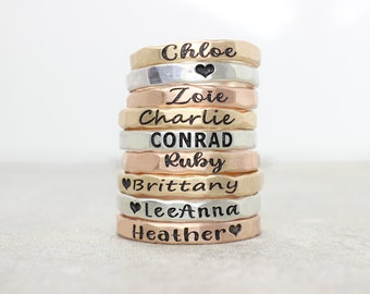 Mother's Day Gift Stackable Engraved Rings // Sterling Silver, Gold, or Rose Gold Hammered Custom Name Ring //  Personalized Gift for Mom