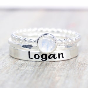 Rainbow Moonstone Ring Set: Sterling Silver Stacking Rings, Engraved Name Ring