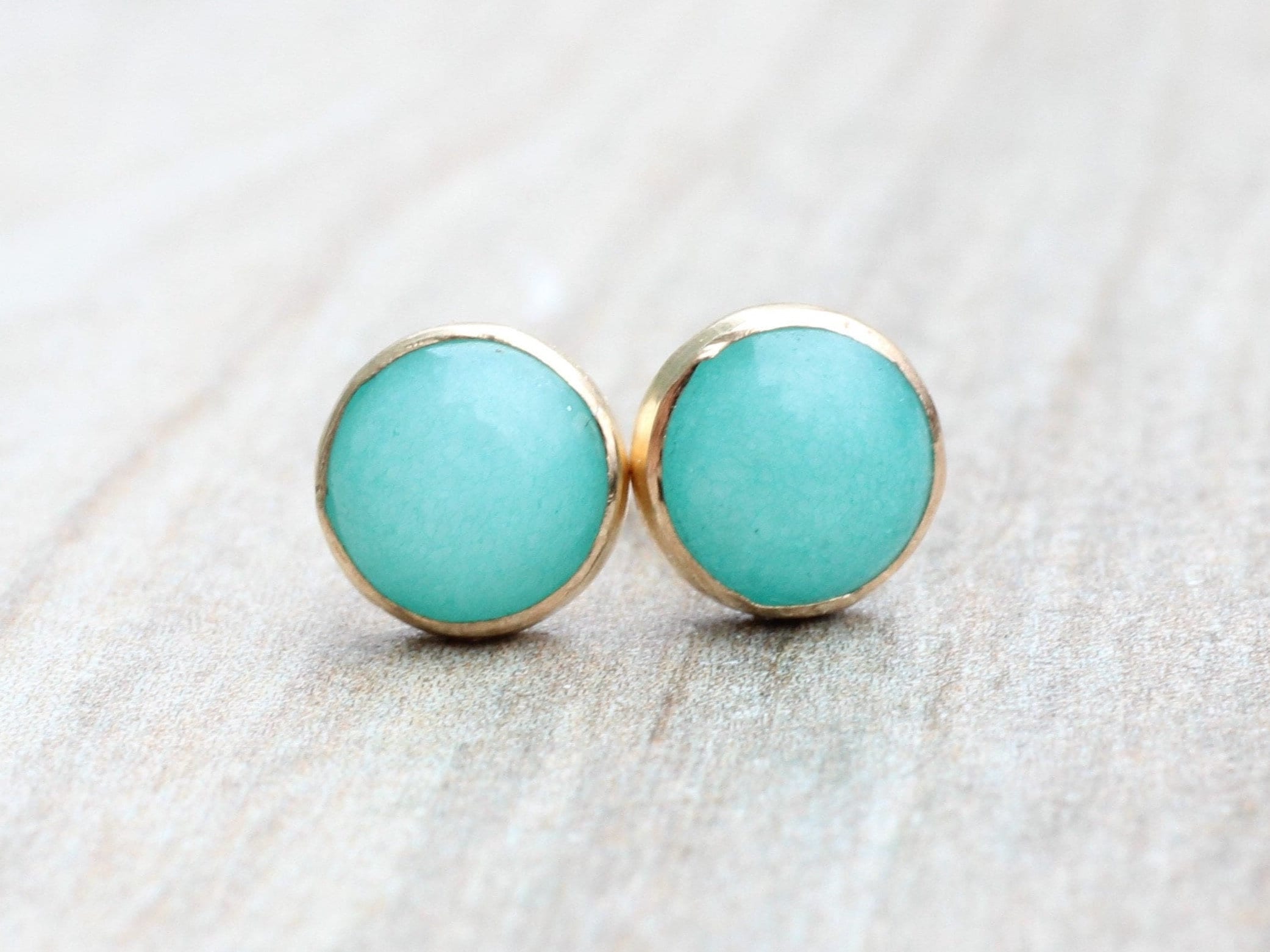 Blue Jade Stud Earrings: 14k Yellow Gold Filled, 6mm Gemstone