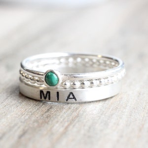 Sterling Silver Name Ring Gemstone // Name Ring Set with Malachite Stone // Personalized Ring with May Birthstone // Engraved Ring image 7