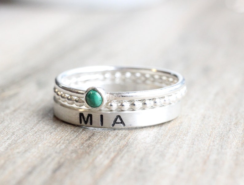 Sterling Silver Name Ring Gemstone // Name Ring Set with Malachite Stone // Personalized Ring with May Birthstone // Engraved Ring image 7