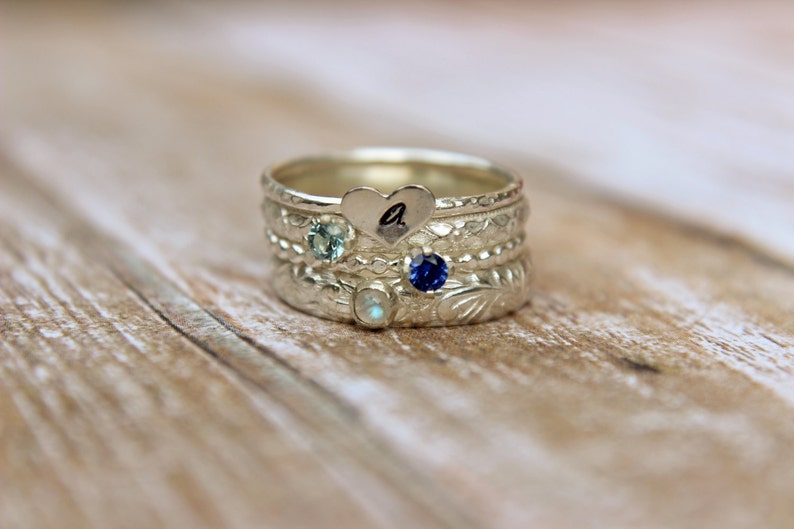 Set of 4 Gemstone Family Stacking Ring Set Sterling Silver Birthstone and Initial Stacking Rings Personalized Letter Stacking Rings