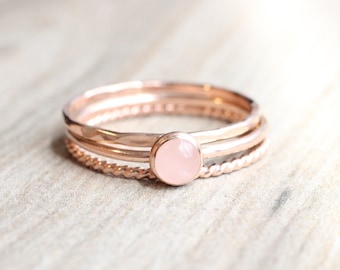 14K Rose Gold Filled Rose Quartz Ring Set// Rose Gold Rose Quartz Ring // Set of 3 Rose Gold Rings // Rose Quartz Stacking Ring