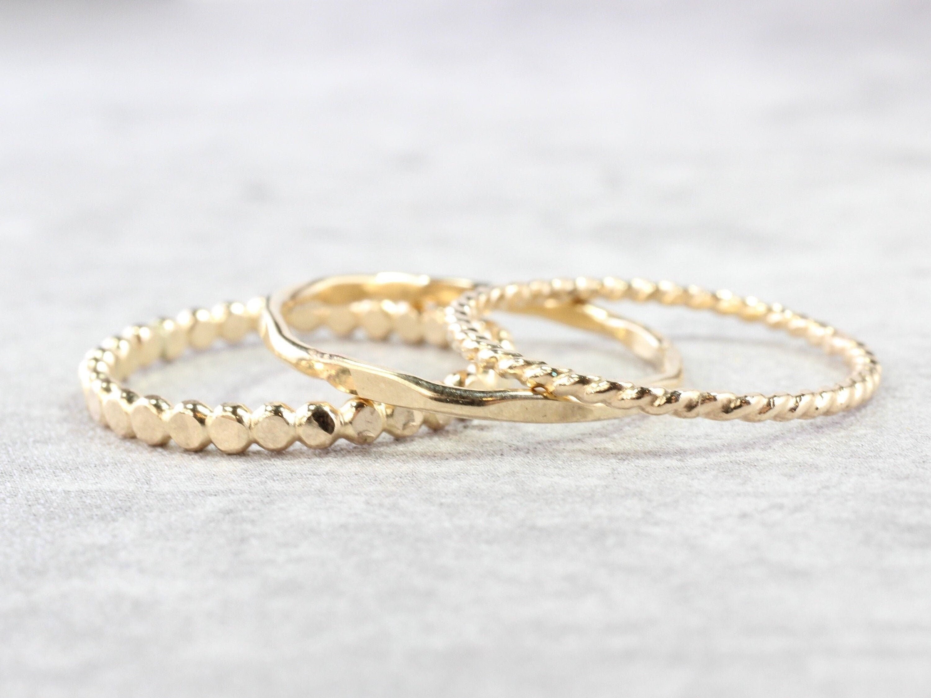 14K Gold Filled Stacking Rings: Rope Twist, Bead, Hammered - Set of 3