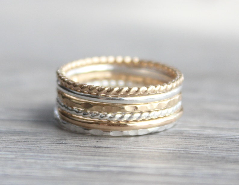 Stacking Ring Set // Set of 6 Gold and Silver Stackable Rings // Sterling Silver and 14K Gold Filled Stackable Rings // Mixed Metals image 2