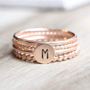 Rose Gold Initial Ring Set // Rose Gold Initial and Bead Ring Set // 14K Rose Gold Filled Stacking Rings image 2