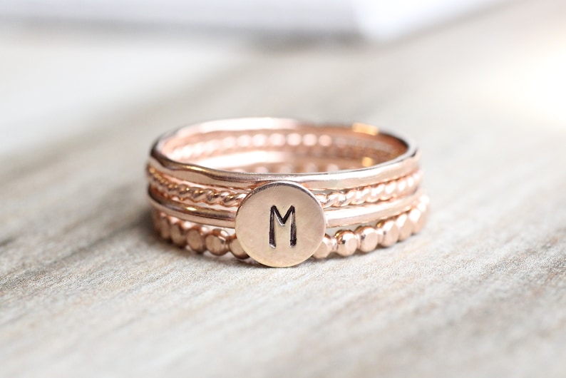 Rose Gold Initial Ring Set // Rose Gold Initial and Bead Ring Set // 14K Rose Gold Filled Stacking Rings image 2