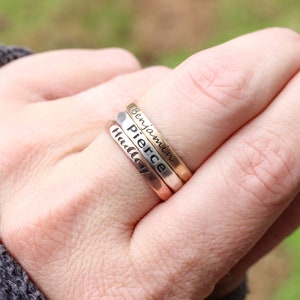 Stackable Engraved Rings // Sterling Silver, Gold, or Rose Gold Hammered Name Ring // Personalized Gift for Mom // Custom Mother's Day Gift image 6