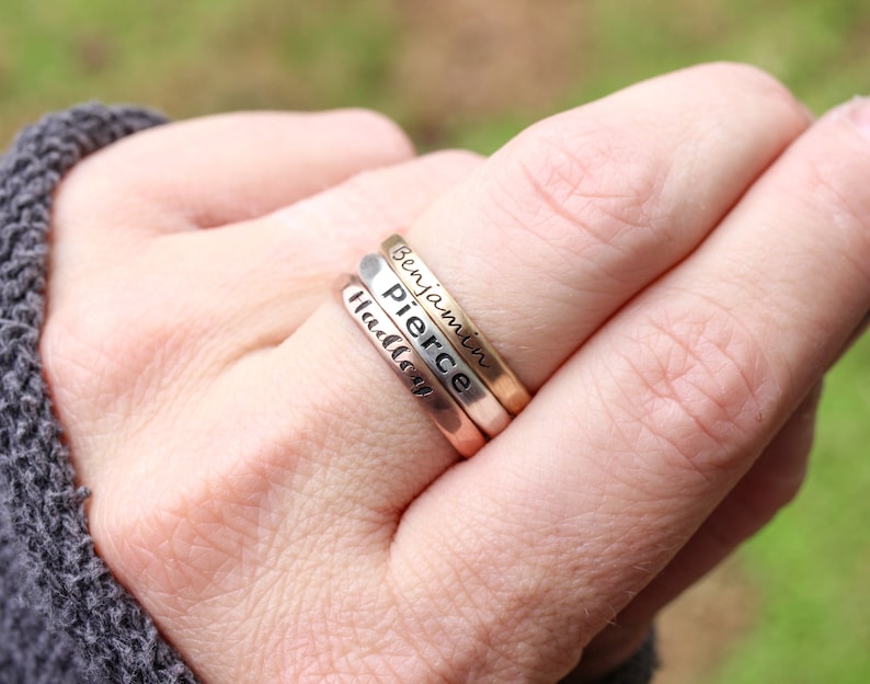 Stackable Engraved Rings // Sterling Silver, Gold, or Rose Gold Hammered Name Ring // Personalized Gift for Mom // Custom Mother's Day Gift image 6