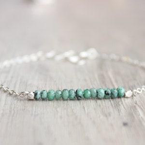 Green Jade Bracelet: Sterling Silver Gemstone Bar, May Birthstone