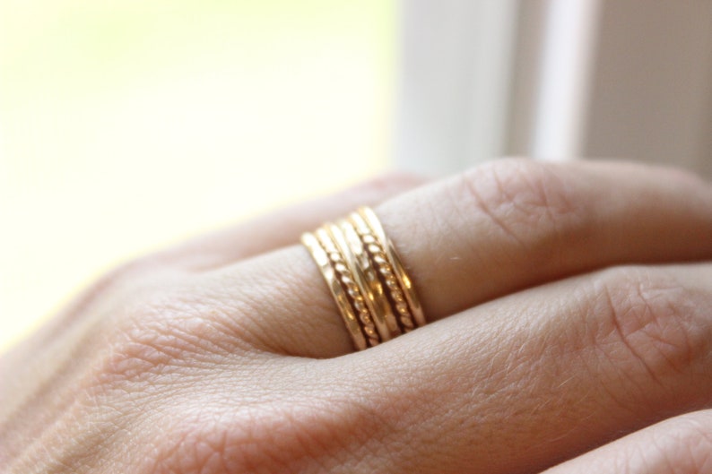 Gold Stacking Ring Set // Set of 6 Yellow Gold Stackable Rings // 14K Gold Filled Stackable Rings // Smooth, Twist, and Hammered Bands image 7