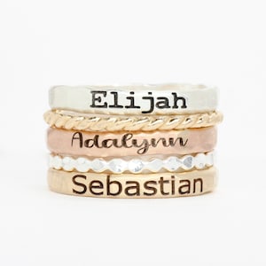 Custom Engraved Stackable Rings Set: Sterling Silver, Gold, Rose Gold