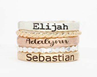 Custom Stackable Engraved Rings Set // Sterling Silver, Gold, or Rose Gold Hammered Name Ring //  Personalized Gift for Mom // Mother's Day