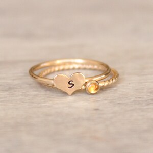 Gold Citrine Ring Set // 14k Yellow Gold Filled Heart Initial Ring // Personalized November Birthstone Ring // Gemstone Stacking Ring image 2