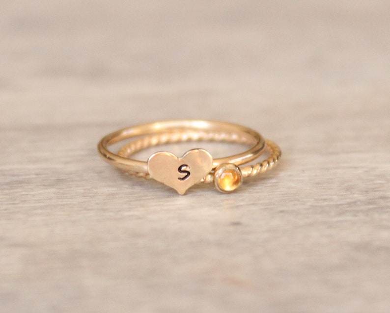 Gold Citrine Ring Set // 14k Yellow Gold Filled Heart Initial Ring // Personalized November Birthstone Ring // Gemstone Stacking Ring image 2