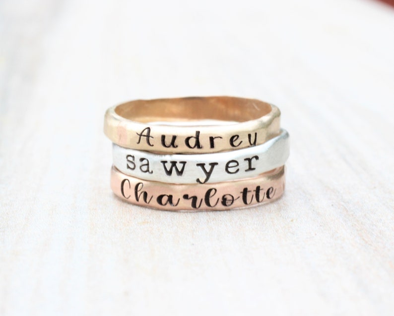 Stacking Name Rings // Sterling Silver, Gold, or Rose Gold Hammered Name Ring Personalized Ring Custom Name Ring Engraved Ring image 6