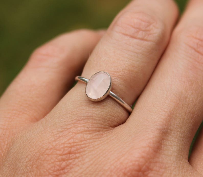 Sterling Silver Rose Quartz Ring // Silver Oval Rose Quartz Stacking Ring // Sterling Silver Ring // 8x6mm Pink Stone Ring // Gift for Her image 6