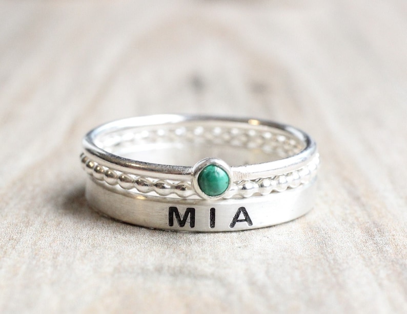 Sterling Silver Name Ring Gemstone // Name Ring Set with Malachite Stone // Personalized Ring with May Birthstone // Engraved Ring image 1