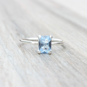 Aquamarine Ring // Aquamarine Cubic Zirconia Sterling Silver Emerald Cut Ring // 7x5mm Birthstone Stacking Ring // March Birthstone Ring image 7