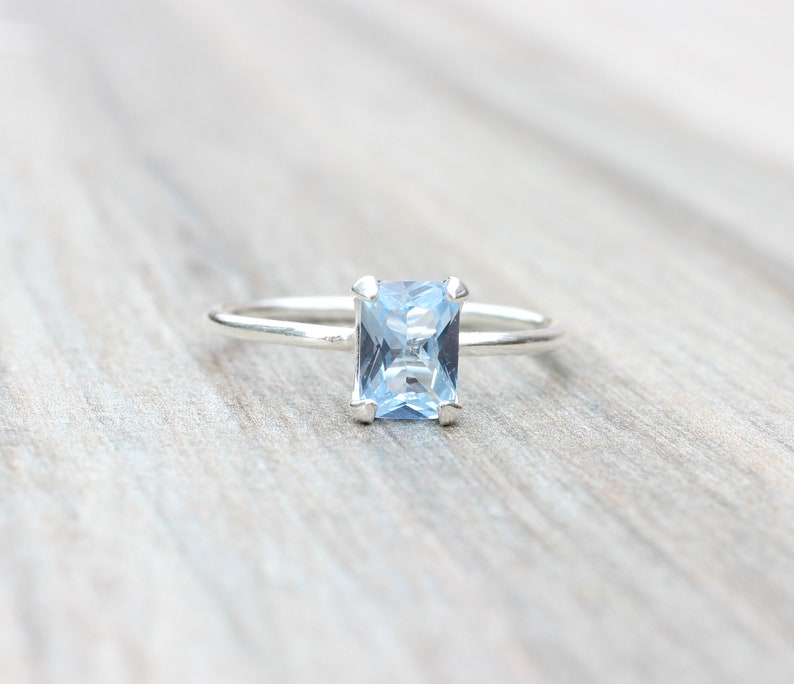 Aquamarine Ring // Aquamarine Cubic Zirconia Sterling Silver Emerald Cut Ring // 7x5mm Birthstone Stacking Ring // March Birthstone Ring image 7