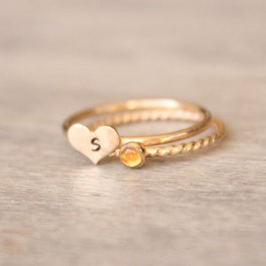 Gold Citrine Ring Set // 14k Yellow Gold Filled Heart Initial Ring // Personalized November Birthstone Ring // Gemstone Stacking Ring image 6