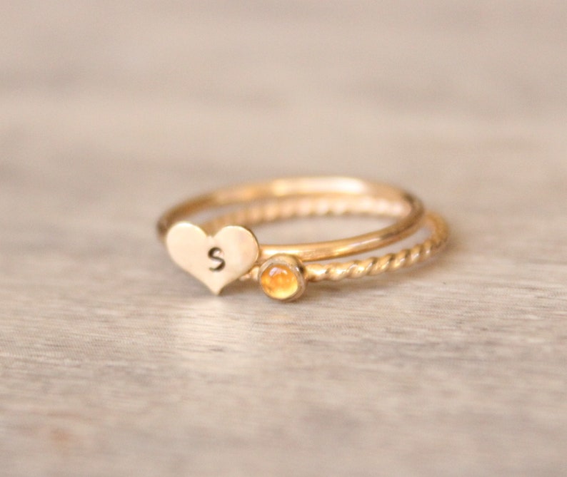 Gold Citrine Ring Set // 14k Yellow Gold Filled Heart Initial Ring // Personalized November Birthstone Ring // Gemstone Stacking Ring image 6