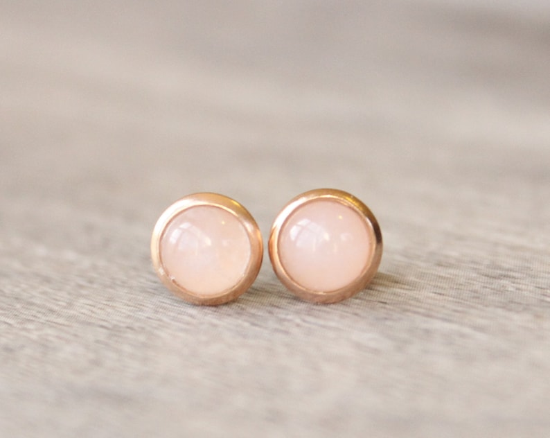 Rose Gold Rose Quartz Earrings // Rose Quartz Stud Earrings // 6mm Rose Quartz Cabochon Earrings // Rose Gold Plated Gemstone Studs image 1