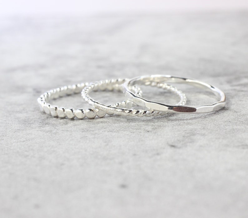 Sterling Silver Stacking Rings // Set of 3 Simple Stacking Rings // .925 Sterling Silver Rope Twist Bead Dot Hammered Ring // Spacer Rings image 1