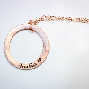 Sterling Silver Hammered Circle Name Necklace | Custom Engraved Mom Necklace Pendant | Handmade Personalized Jewelry 14k Rose Gold Fill