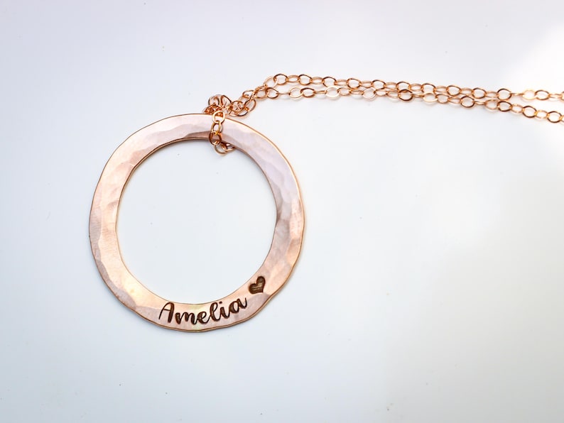 Sterling Silver Hammered Circle Name Necklace | Custom Engraved Mom Necklace Pendant | Handmade Personalized Jewelry 14k Rose Gold Fill
