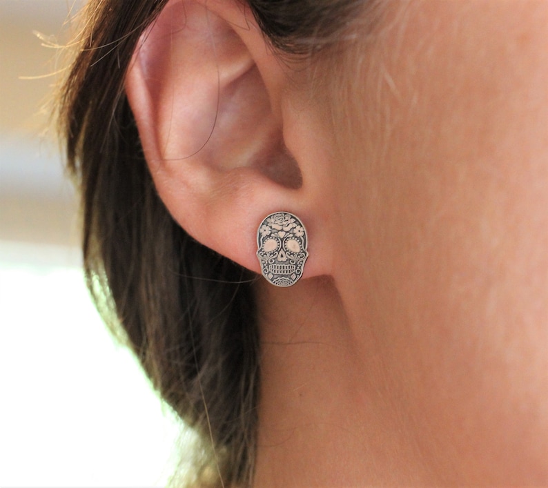 Sterling Silver Skull Stud Earrings // Sugar Skull Studs // Halloween Silver Studs image 8