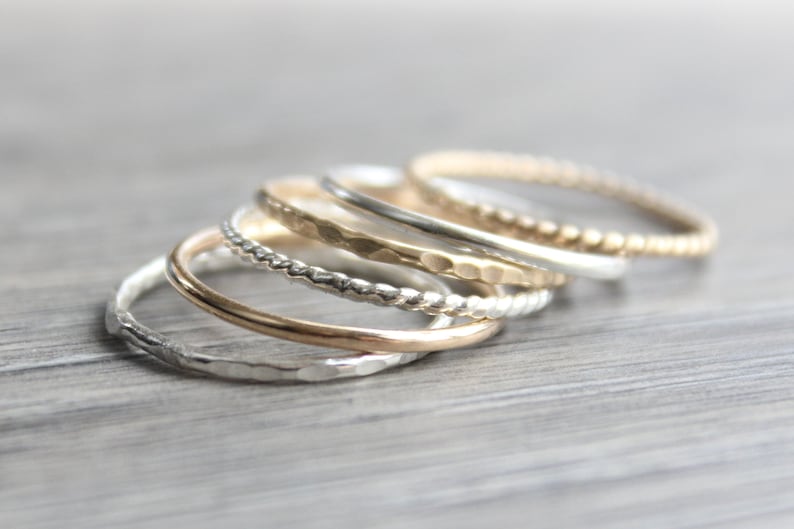 Stacking Ring Set // Set of 6 Gold and Silver Stackable Rings // Sterling Silver and 14K Gold Filled Stackable Rings // Mixed Metals image 6