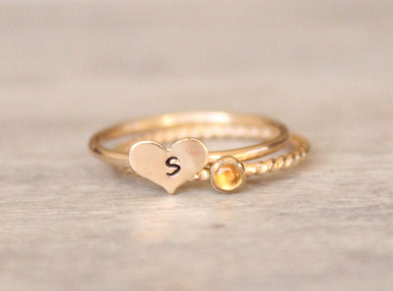 Gold Citrine Ring Set // 14k Yellow Gold Filled Heart Initial Ring // Personalized November Birthstone Ring // Gemstone Stacking Ring image 1