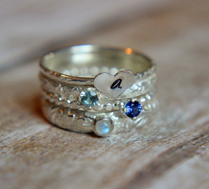 Set of 4 Gemstone Family Stacking Ring Set Sterling Silver Birthstone and Initial Stacking Rings Personalized Letter Stacking Rings