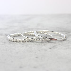 Sterling Silver Stacking Rings // Set of 3 Simple Stacking Rings // .925 Sterling Silver Rope Twist Bead Dot Hammered Ring // Spacer Rings image 2