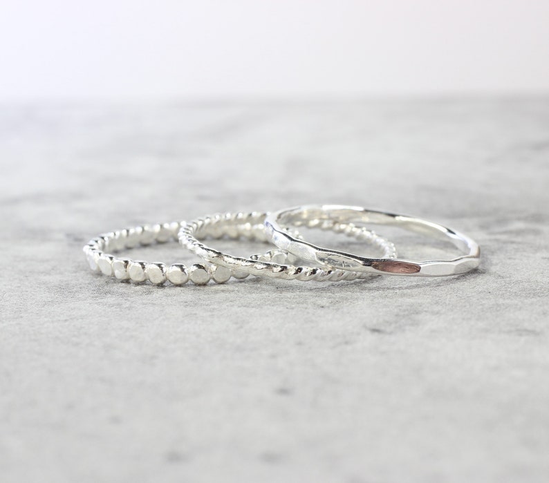Sterling Silver Stacking Rings // Set of 3 Simple Stacking Rings // .925 Sterling Silver Rope Twist Bead Dot Hammered Ring // Spacer Rings image 2