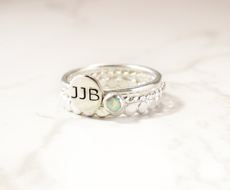 Sterling Silver Initial Ring with Aquamarine SCustom Initial Stacking Rings with March Birthstone Gemstone Personalized Ring Set zdjęcie 6