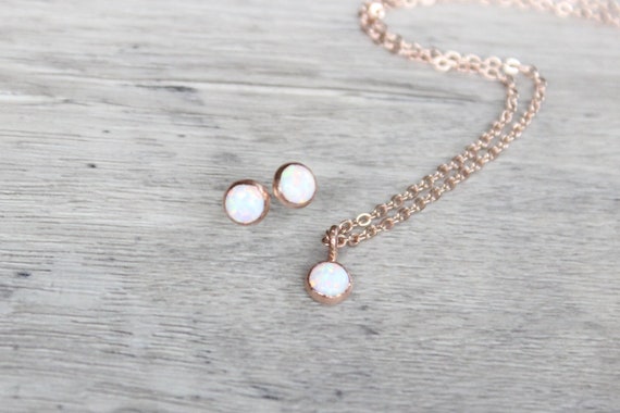 Rose Gold Opal Necklace and Earrings Set: October Birthstone