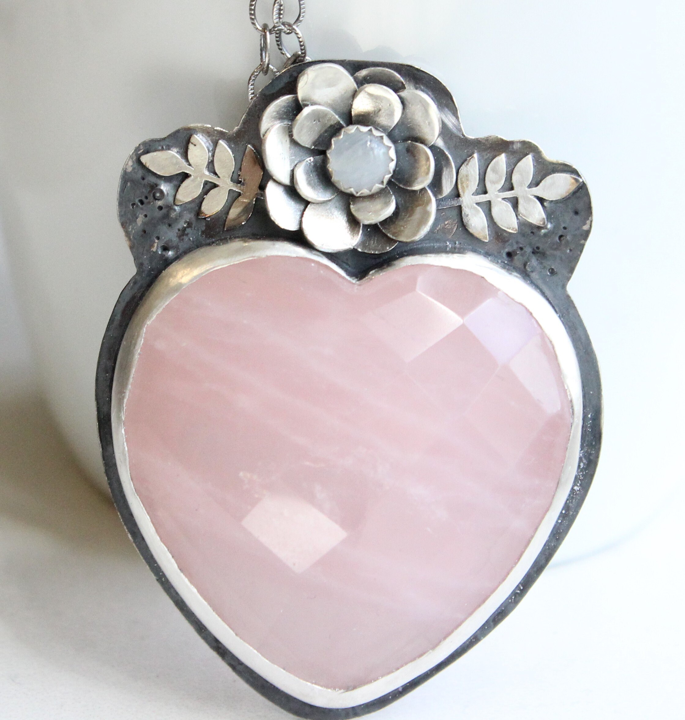 Rose Quartz Heart Necklace // Sterling Silver Faceted Rose Quartz
