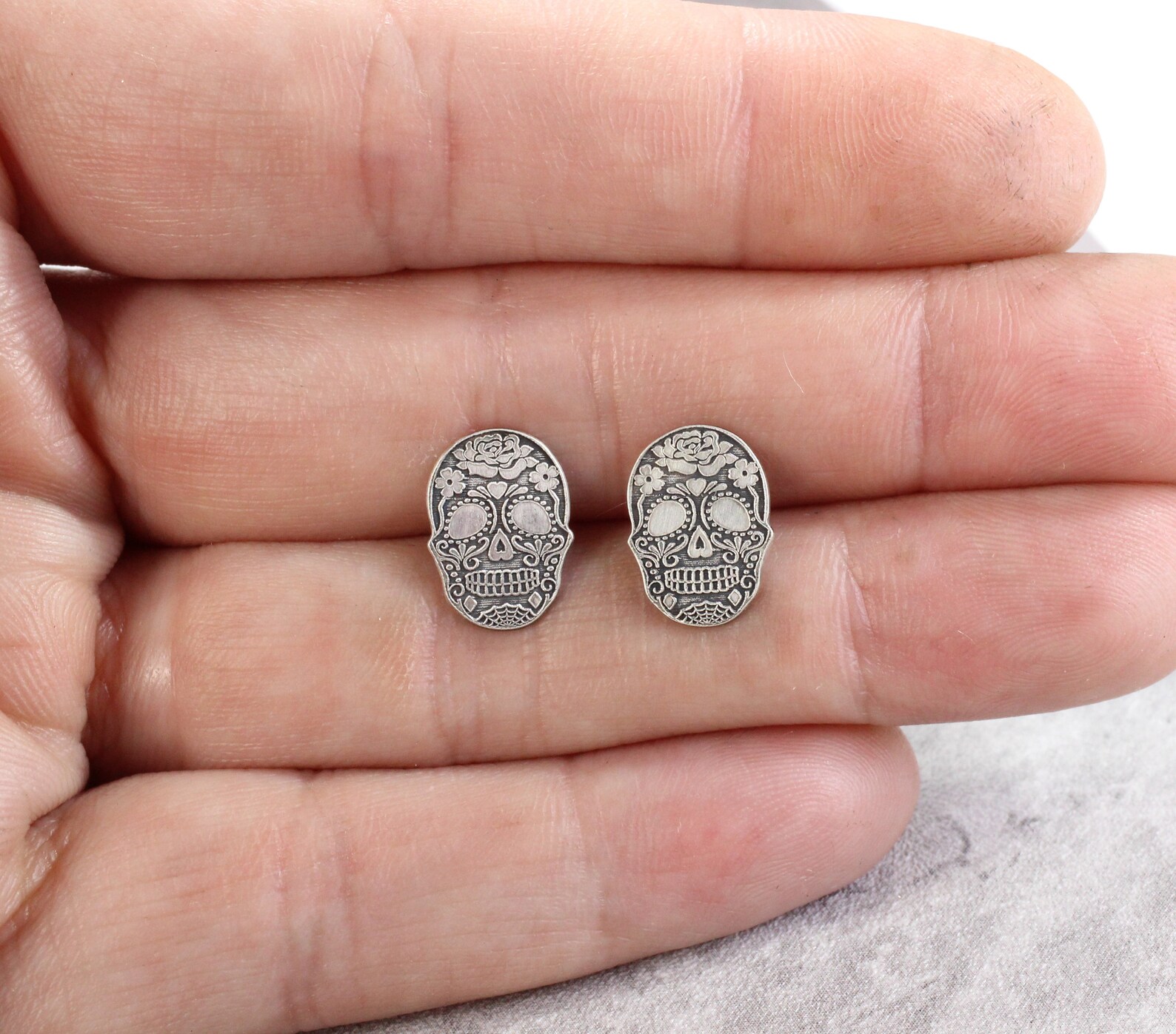 Bandmax 925 Sterling Silver Skull Stud Earrings | Punk Gothic Hoop Earrings For Women & Men, Halloween Skeleton Earring Studs