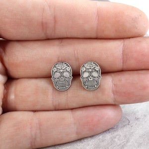 Sterling Silver Skull Stud Earrings // Sugar Skull Studs // Halloween Silver Studs image 6