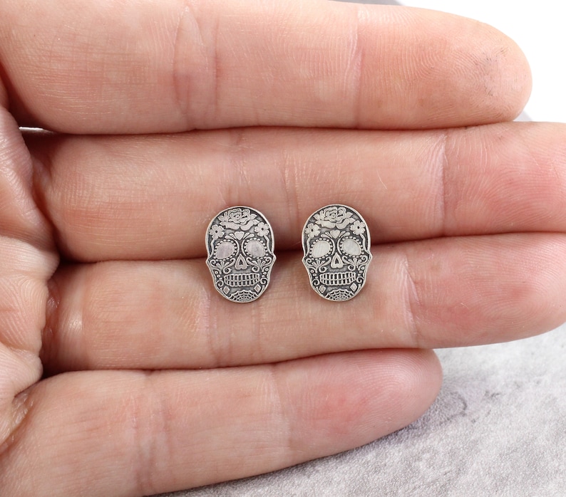 Sterling Silver Skull Stud Earrings // Sugar Skull Studs // Halloween Silver Studs image 6