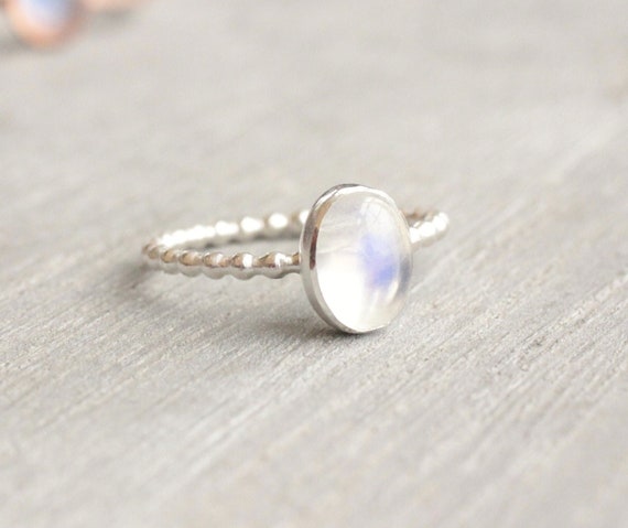 Sterling Silver Rainbow Moonstone Stackable Bezel Oval Ring Sterling Silver Rainbow Moonstone Stackable Bezel Oval Ring