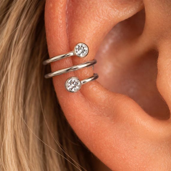 Sterling Silver Double Gemstone Ear Cuff • No Piercing  • Minimalist Cartilage Cuff
