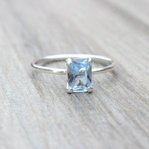 Aquamarine Ring // Aquamarine Cubic Zirconia Sterling Silver Emerald Cut Ring // 7x5mm Birthstone Stacking Ring // March Birthstone Ring image 2