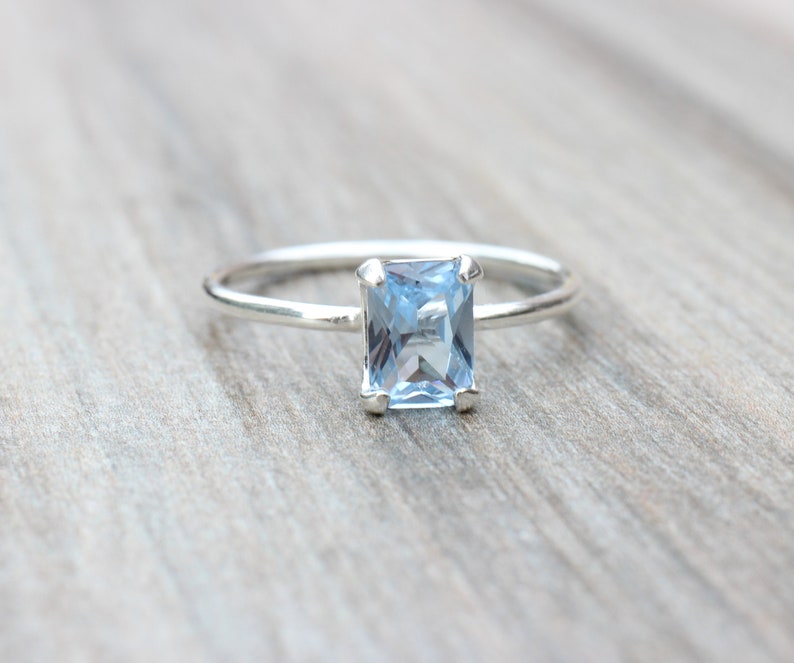 Aquamarine Ring // Aquamarine Cubic Zirconia Sterling Silver Emerald Cut Ring // 7x5mm Birthstone Stacking Ring // March Birthstone Ring image 2